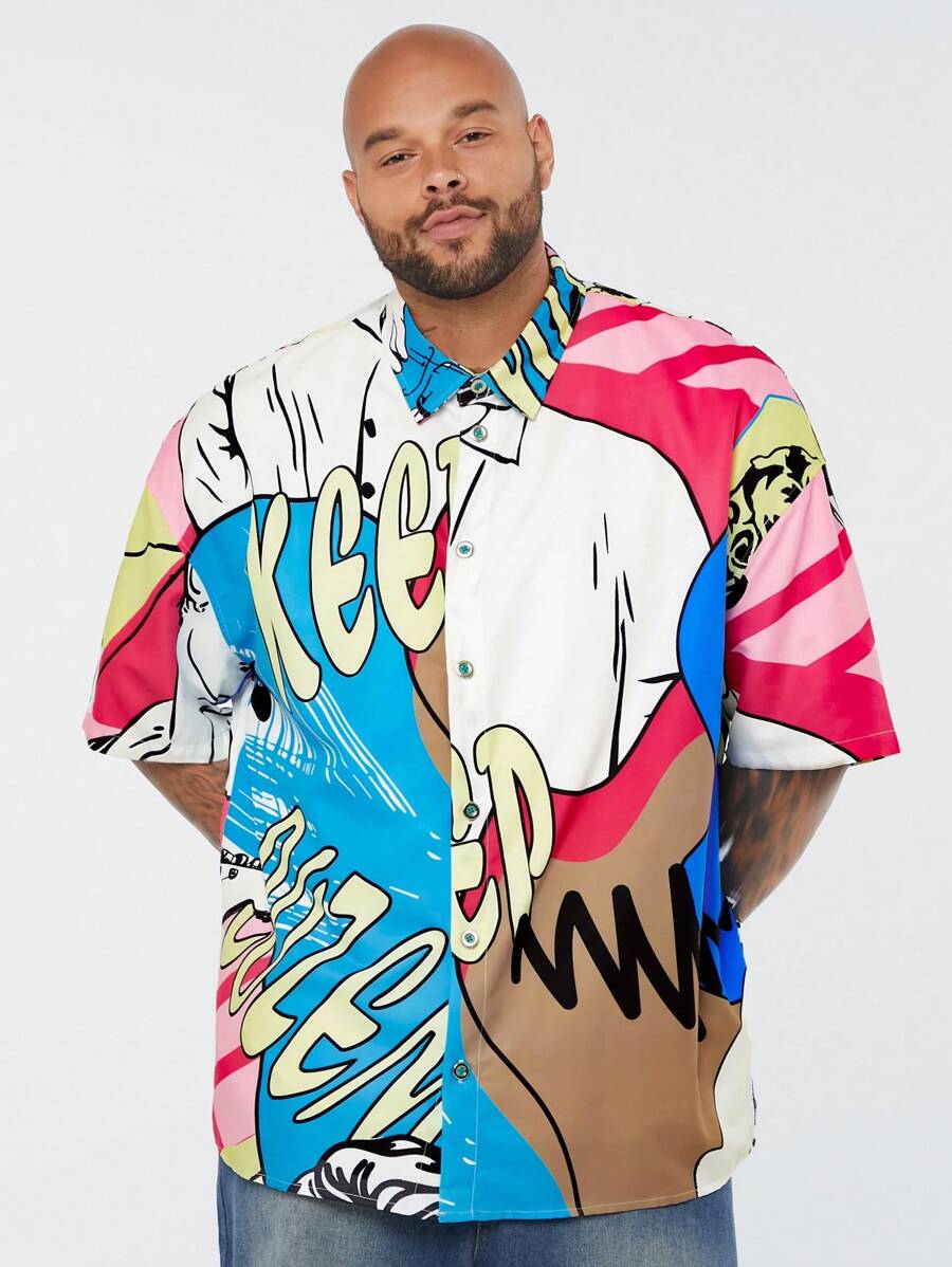 Manfinity VCAY Men's Plus Size Casual Graffiti Character Print Wide-Legged Drop-Shoulder Short Sleeve Shirt With Lapel Collar, Ideal For Summer - Multicolor - View 1