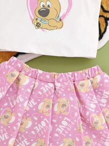 SCOOBY-DOO X SHEIN Baby Girl Cartoon Dog Printed Cami Top And Sweet Pink Pleated Skirt, Summer