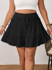 SHEIN Essnce 女式加大码双层弹性腰部黑色短裙 - 黑色 - 查看 5