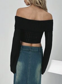 Easelle 春夏季慵懶黑色針織露肩收腰上衣，飄逸袖下擺 - 黑色 - 查看 2