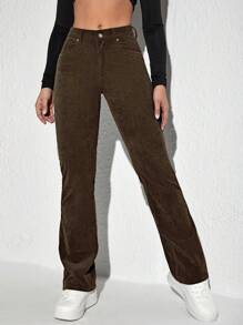 SHEIN MOOSTA Casual Solid Color Corduroy Pants, Versatile Fall Cloth For Women