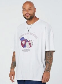 Manfinity VCAY Men's Plus Size Casual Knitted Apple Mosaic Pattern Printed Loose-Fit Drop Shoulder Round Neck Short Sleeve T-Shirt, Suitable For Summer - White - View 3