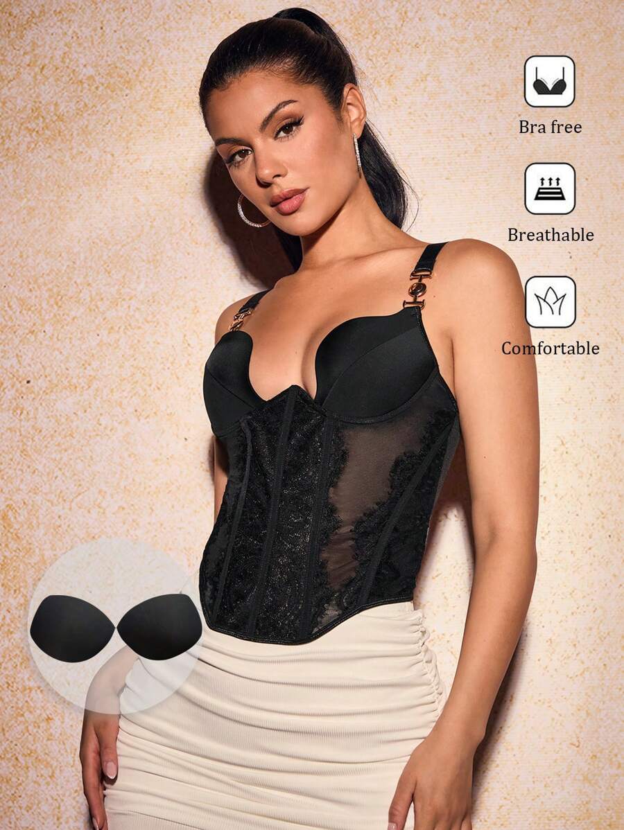 SHEIN SXY 夏季休闲优雅派对金属扣带不对称形状透明紧身胸衣上衣女式吊带背心