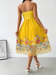 SHEIN Privé Damska sukienka z kwiatowym haftem, na co dzień, na lato, bez ramiączek - Żółty - Zobacz 2
