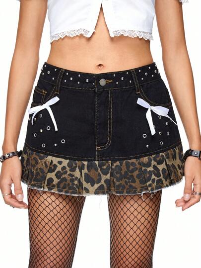 Grunge Punk Minigonna con pieghe in stile Y2K in collisione con borchie in metallo a fiocco e stampa leopardata, vita bassa, adatta per la scuola
