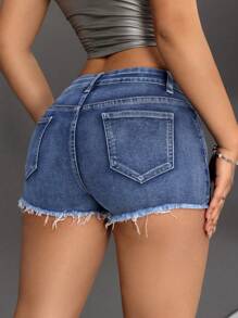 SHEIN PETITE Women's Denim Shorts With Distressed Detailing And Raw Hem Low Rise Shorts - Dark Wash - View 2