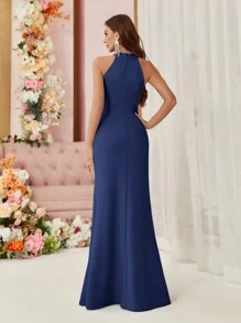 SHEIN Belle Women's Sleeveless Round Neck High Low Hem Ruffle Fish Tail Cocktail Dress (Heavy Model) With Front Slit Design Elegant Formal Evening Prom Wedding Guest Gown, For Graduation, Dinner - Navy Blue - View 3