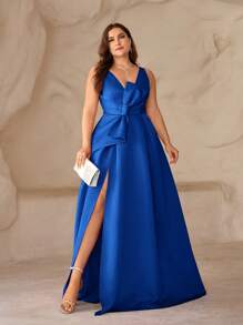 SHEIN Belle 大码深 V 领高开叉不对称蝴蝶结礼服，优雅晚礼服舞会婚礼宾客礼服，适合毕业典礼、晚宴派对礼服 - 寶藍色 - 查看 4