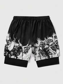 ROMWE MEN Goth Men's Basketball-Style Breathable Shorts In 2 In 1 Design, Suitable For Everyday Wear In Spring And Summer, School - Black - View 2