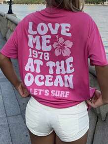 SHEIN EZwear Casual "Love" Slogan & Hibiscus Print Oversized Women Short Sleeve T-Shirt Adequado para Outdoor, Praia Pullover - Rosa Quente - Ver 3