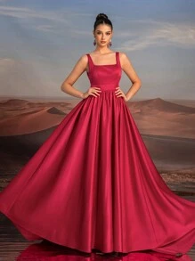 Glamrae Elegant Wide Strap Square Neckline Bra Cup High-Waisted Sheer Mesh Contrast Hollow Out Extra Large Hemline Train Dress, Perfect For Dating, Singles Party, Wedding, Event, Heavy-Duty Formal Dinner, Evening Prom Wedding Guest Gown, For Graduation - Rose Red - View 4