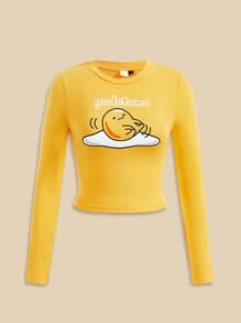 Gudetama X SHEIN 黃色緊身圓領長袖T恤，印有字母圖案，休閒風格 - 黃色 - 查看 7
