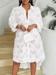 Maweii Plus Size Women's Short Sleeve Simple Daily Dress With Frayed Edges Embellishments - White - View 4