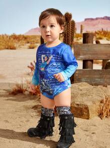 SHEIN 寶寶女童藍色有趣搖滾酷印花美西鄉村風格可愛日常休閒連體衣，秋季 - 彩色 - 查看 3