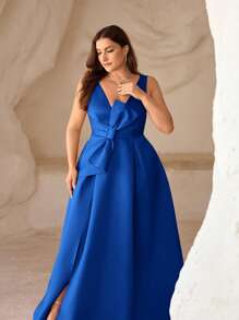 SHEIN Belle 大码深 V 领高开叉不对称蝴蝶结礼服，优雅晚礼服舞会婚礼宾客礼服，适合毕业典礼、晚宴派对礼服 - 寶藍色 - 查看 8