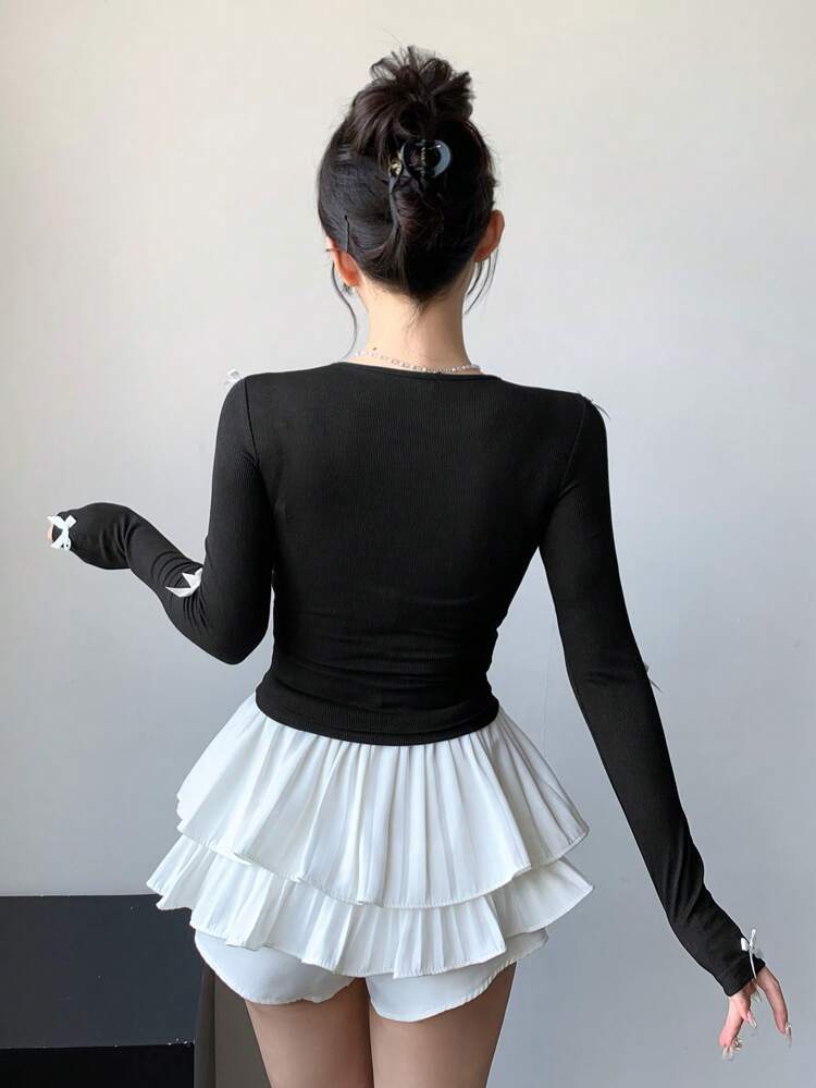 New Autumn Women's Fitted T-Shirt With Bow Decor Long Sleeve Women Tops