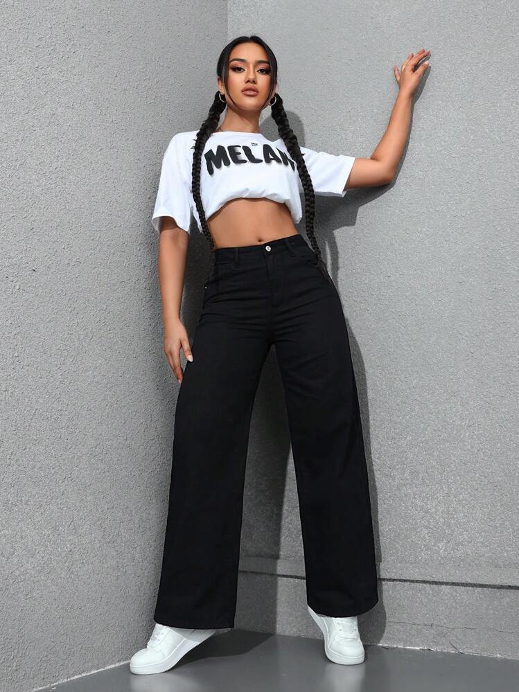 SHEIN ICON Ladies' Simple Daily Wear Black Baggy Straight Leg Jeans - Black - View 6