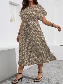 Vionelle 大码波西米亚风夏季休闲全身印花蝙蝠袖连衣裙，带褶边女装 - 卡其色 - 查看 4