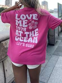 SHEIN EZwear Casual "Love" Slogan & Hibiscus Print Oversized Women Short Sleeve T-Shirt Adequado para Outdoor, Praia Pullover - Rosa Quente - Ver 4