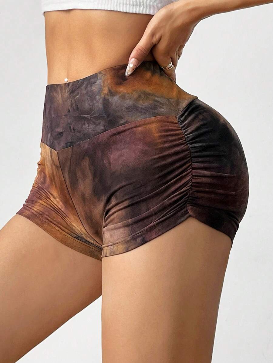 SHEIN EZwear 女士扎染侧褶基本款短裤，适合日常休闲穿着 - 彩色 - 查看 1