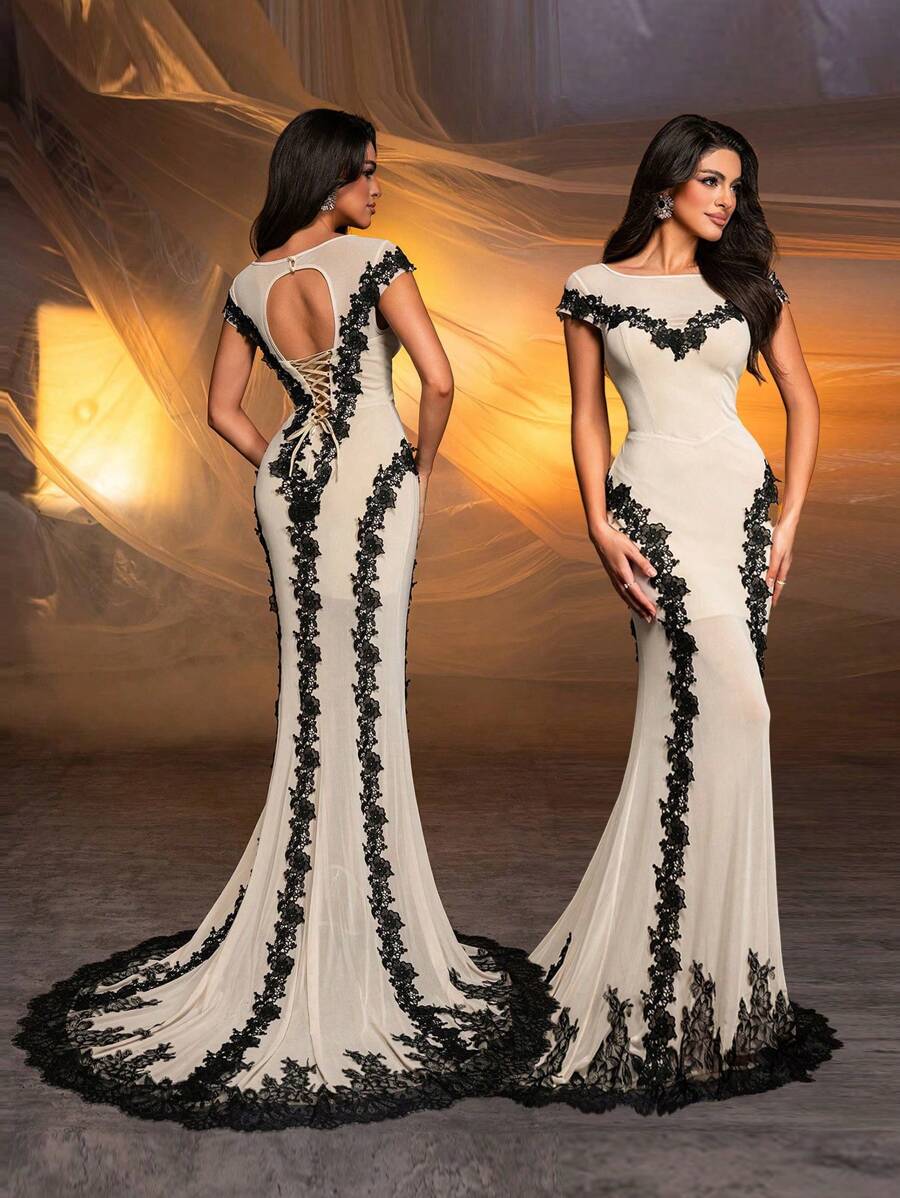 Glamrae Bầu không khí thanh lịch Màu mơ cổ tròn Lưới Sheer Bao tay toàn bộ Đính lập thể Hem Toàn bộ vòng tròn Ren đính Hẹn hò Tiệc độc thân Sự kiện đám cưới Áo choàng dạ hội hạng nặng - Màu Khaki - Xem 1