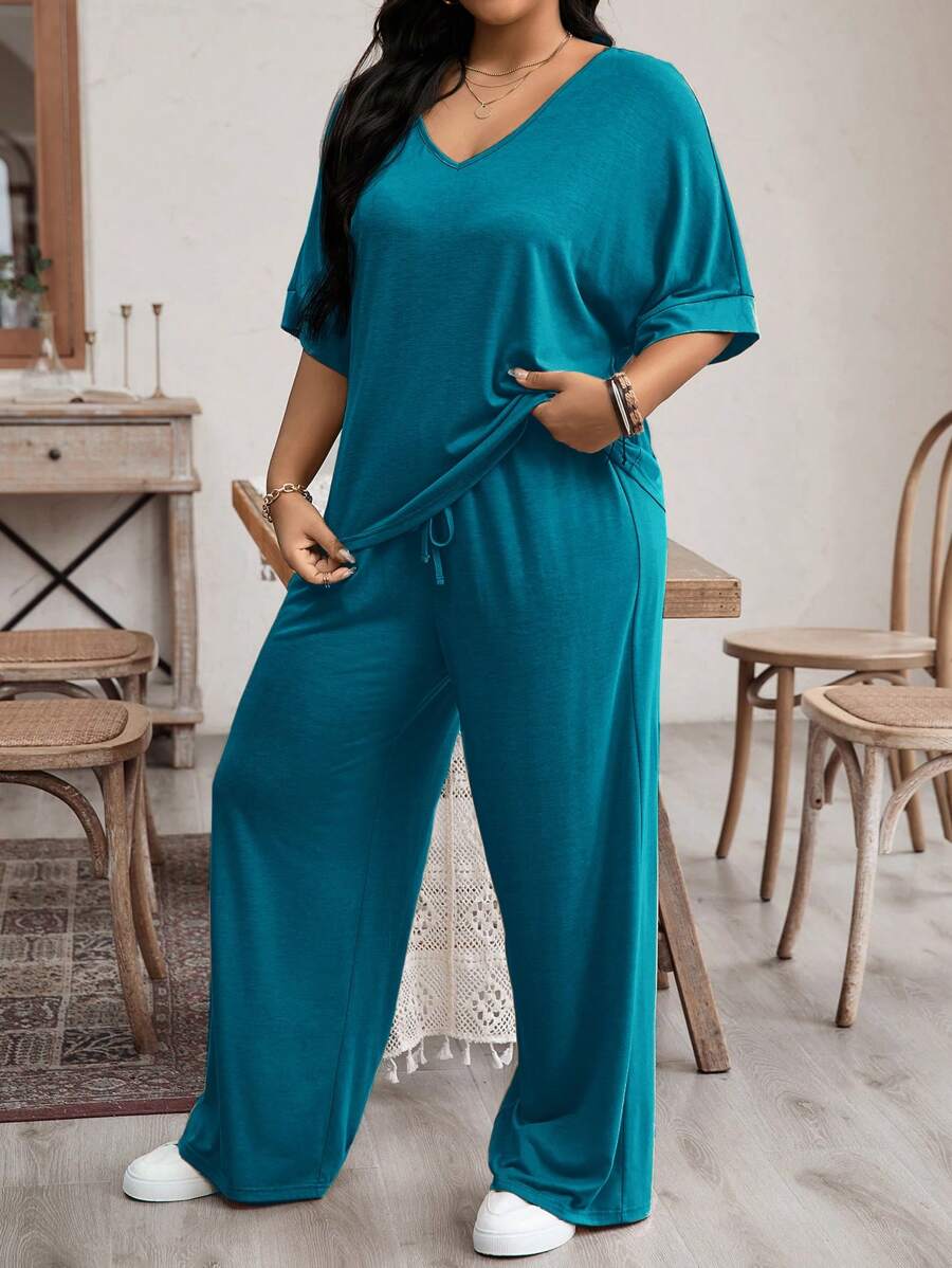 EMERY ROSE Plus Size Spring/Summer Casual Solid Color Batwing Sleeve Loose Fit T-Shirt And Long Pants Set - Blue - View 1