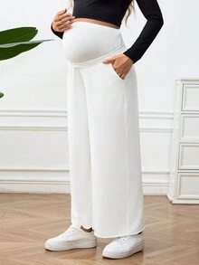 SHEIN Maternity Solid Color Wide Leg Pants, Super High Waist Adjustable Elastic Waistband, Loose & Long, Suitable For Slouchy & Casual, Spring & Summer - White - View 3