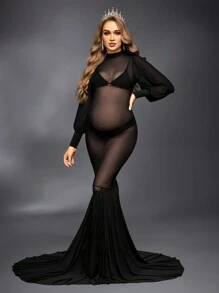 Cheriluna Maternity 孕妇透视长袖美人鱼拍摄礼服 - 黑色 - 查看 4