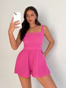 SHEIN EZwear Macacão feminino de linho sem mangas com decote quadrado e cintura marcada, ajuste solto para uso diário - Rosa - Ver 3