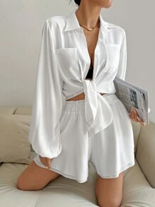 SHEIN PariChic Setelan Kemeja Lengan Lentera Warna Polos Kasual Musim Semi/Panas untuk Wanita - Putih - View 4