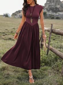 SHEIN LUNE 女士纯色圆领褶皱长裙，休闲与假日风格长款女装 - 紫紅色 - 查看 5