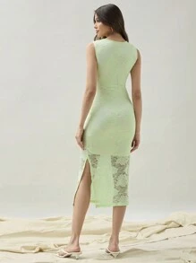 COSMINA Women's Elegant Solid Color Lace Side Slit Bodycon Sleeveless Dress, Summer - Green - View 2