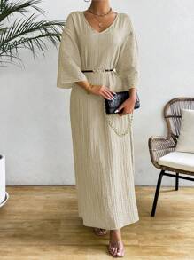 Chiquease 夏季新品長袍式袖、褶皺設計優雅寬鬆緊身連衣裙，V領 - 杏色 - 查看 6