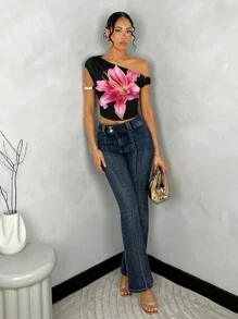 SHEIN BAE 女式黑色上衣秋季粉色印花斜肩不对称褶皱短款上衣