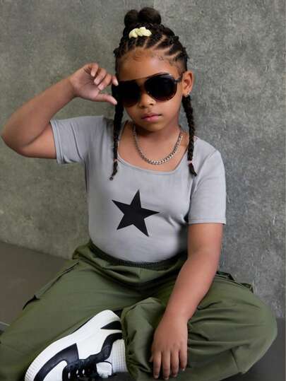 SHEIN 青少年女孩加大碼休閒針織短袖上衣，方領設計，適用於春夏季節