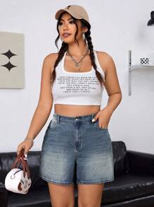 SHEIN ICON 大尺寸夏季休閒水洗牛仔短褲 - 中等水洗藍 - 查看 3