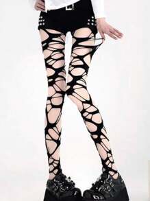 ROMWE Goth Medias negras de red rotas sexis para señoras - Negro - Ver 4