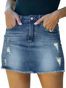 Falda de mezclilla rasgada con dobladillo sin rematar, uso diario de verano - Azul lavado medio - Ver 3