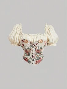 SHEIN MOD Chemise femme 2 en 1 à fleurs sans bretelles, coupe slim, manches courtes bouffantes, automne, années 70, brunch - Multicolore - Voir 1