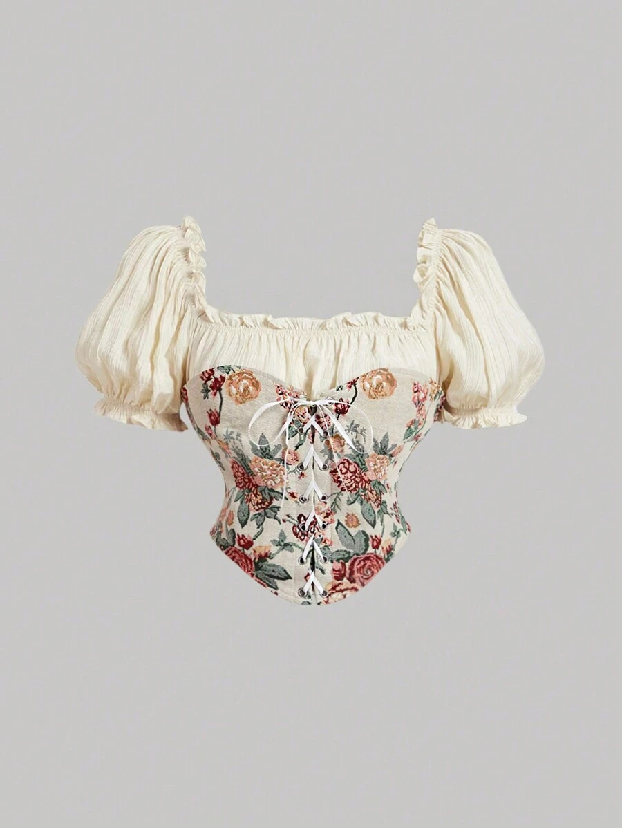 SHEIN MOD Chemise femme 2 en 1 à fleurs sans bretelles, coupe slim, manches courtes bouffantes, automne, années 70, brunch - Multicolore - Voir 1