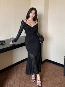 DAZY 女士蕾丝长袖派对礼服优雅、荷叶边、秋季连衣裙 - 黑色 - 查看 7