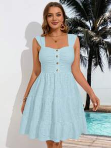 SHEIN VCAY Plus Size Hollow Out Embroidery Solid Color Sleeveless Vacation Casual Dress - Baby Blue - View 4