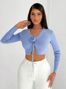 SHEIN SXY 性感優雅的3D花裝飾藍色短款針織外套，適用於休閒和家居穿著，女士