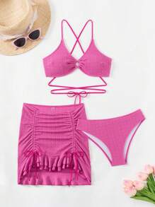 SHEIN Swim 女士纯色圆形链接性感比基尼套装，适合夏季海滩，带罩裙 - 玫紅色 - 查看 6
