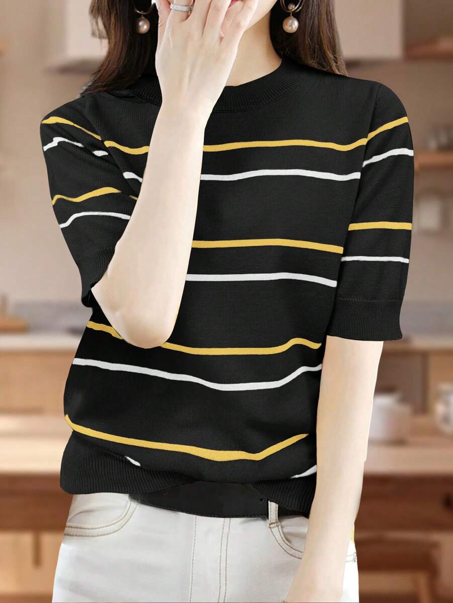 EMERY ROSE Striped Short-Sleeved Knitted Top - Black - View 1