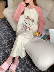 DAZY Cute Cartoon Printed Loose Color Block Patch Shoulder Sleep Dress Pajama - Brown - View 5