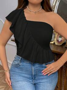 SHEIN Privé Plus Size Elegant Vacation Ruffle Trimmed Decor Strapless Top For Women, Spring/Summer - Black - View 3