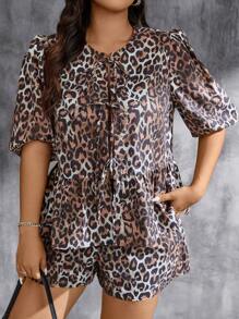 SHEIN Essnce Women's Plus Size Leopard Bow Tie Strap Top And Shorts Set - Multicolor - View 5