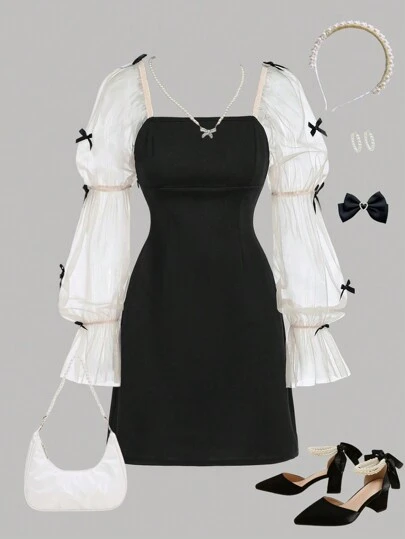 SHEIN Girlism Teen Girl Knitted Patchwork Bowknot Long Sleeve Casual Dress