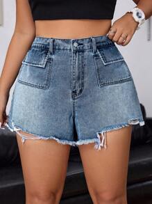 SHEIN EZwear Quần short denim thông thường viền sờn có kích thước lớn dành cho nữ - Rửa nhẹ - Xem 4